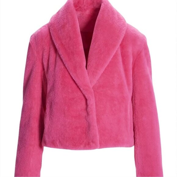 Boston Proper Shawl Collar Versatile Faux Fur Chubby Pink Peacock Jacket Size L - Picture 5 of 10